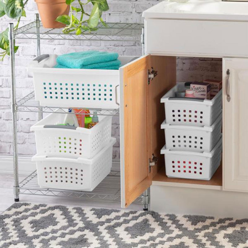 Sterilite 10-Pack Medium Stacking Basket, Open Top Plastic Storage Organizer, White - Stackable Crate Containers for Countertop, Cabinet, Pantry Shelf, Laundry Room, Bathroom & Home Office - Image 5